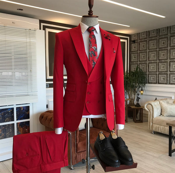 Red Bespoke Three Pieces Peaked Lapel Men's Prom Suits
