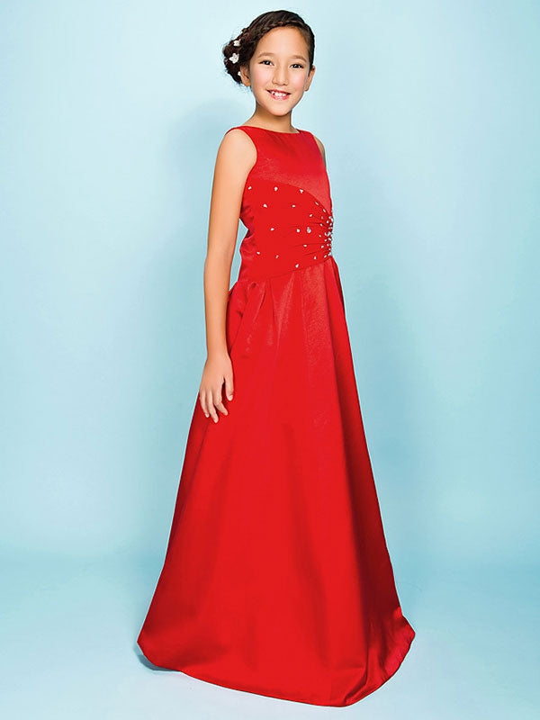 Red Jewel Neck Satin Fabric Sleeveless Floor Length A-line Beaded Kids Party Dresses