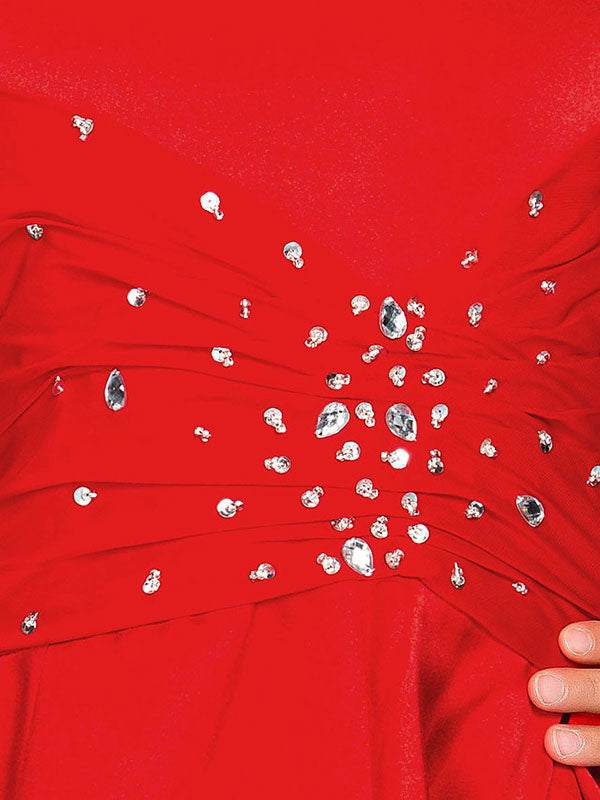 Red Jewel Neck Satin Fabric Sleeveless Floor Length A-line Beaded Kids Party Dresses
