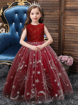 Red Jewel Neck Sleeveless Ankle-Length A-Line Embroidered Polyester Kids Party Dresses