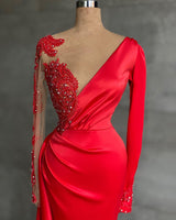 Red Long Sleeve Mermaid Prom Dress On Sale With Beadings V-Neck