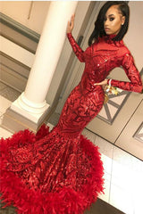 Red Mermaid Sequins Long Sleeves High-Neck Prom Dresses