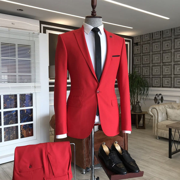 Red Peaked Lapel Slim Fit Bespoke Men's Prom Suits