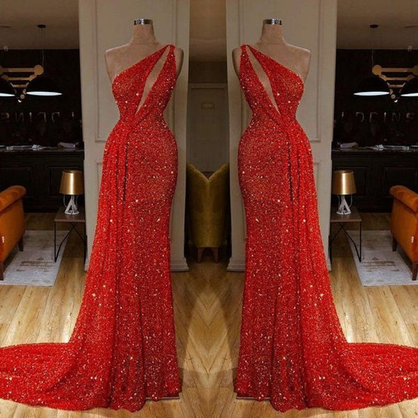 Red Prom Dress Sequins Long On Sale One Shoulder