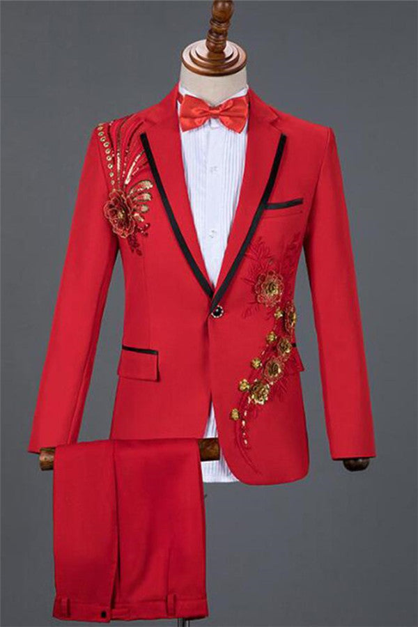 Red Sequin Embroidery Lace Floral Men Tuxedo New Arrival One Button Men's Prom Suits Online