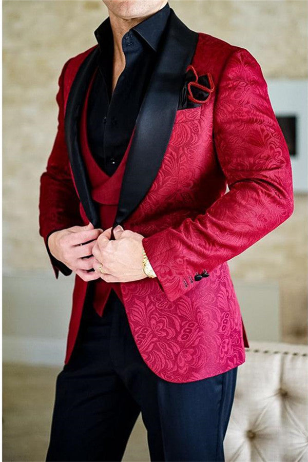 Red Shawl Lapel Jacquard Tuxedos Mens Suits Dinner Jacket 3 Pieces for Groomsman