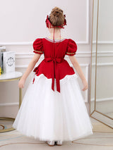 Red Square Neck Short Sleeves Ankle-Length Princess Tulle Flowers Kids Party Dresses