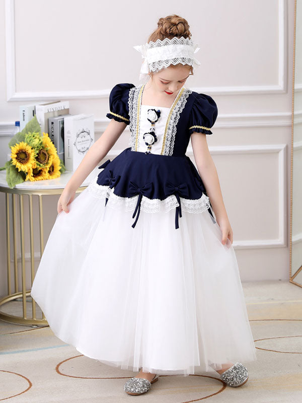 Red Square Neck Short Sleeves Ankle-Length Princess Tulle Flowers Kids Party Dresses