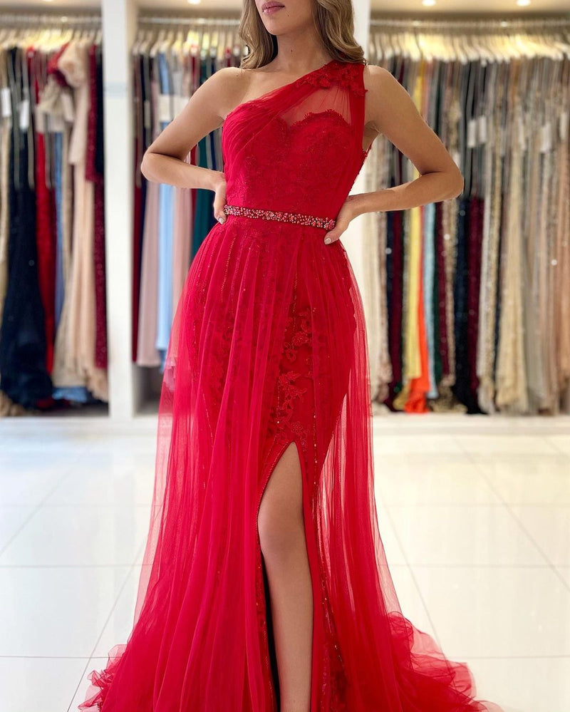 Red Tulle Prom Dress Long Mermaid Appliques Evening Gown With SPlit One Shoulder