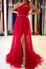 Red Tulle Prom Dress Long Mermaid Appliques Evening Gown With SPlit One Shoulder