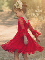 Red V-Neck Long Sleeves Lace Polyester Formal Kids Pageant flower girl dresses