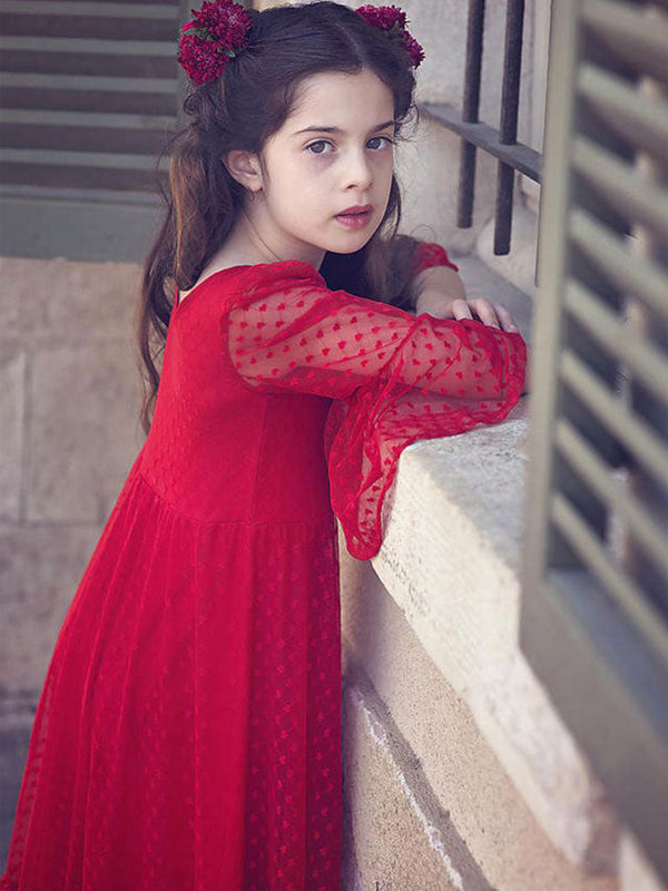 Red V-Neck Polyester Long Sleeves Ankle-Length A-Line Lace Formal Kids Pageant flower girl dresses