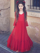 Red V-Neck Polyester Long Sleeves Ankle-Length A-Line Lace Formal Kids Pageant flower girl dresses