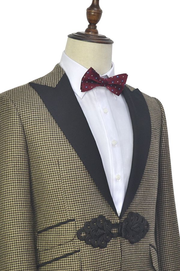 Retro Small Checked Prom Suits Knitted Button Black Peak Lapel Wedding Suits for Men