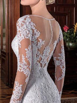Retro Wedding Bridal Dress Column Illusion Neck Long Sleeve Lace Applique Wedding Dresses With Train