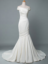 Retro Wedding Dress Mermaid Off The Shoulder Sleeveless Pleated Satin Fabric With Train Traditional Dresses For Bride