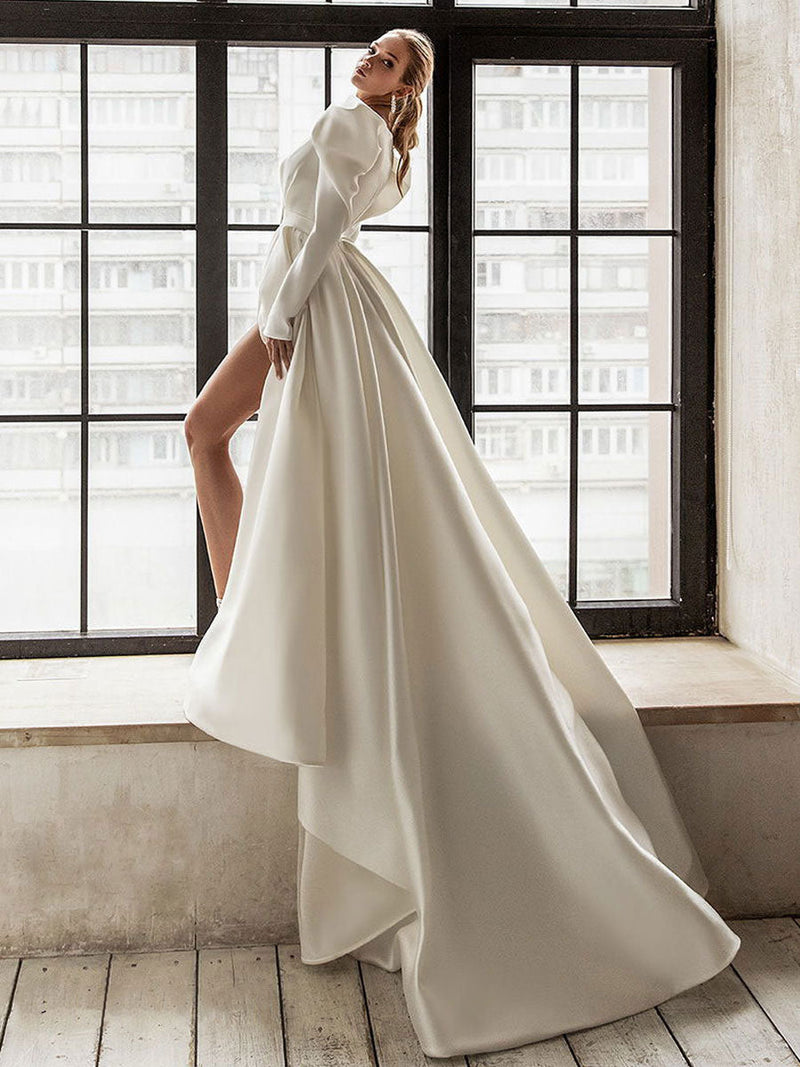 Retro Wedding Dress White Bridal Gowns Long Sleeves Wedding Dress Chic V-Neck A-line With Train Bridal Gowns