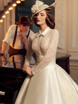 Retro Wedding Dresses Halter Long Sleeves Satin Fabric Long Lace Traditional Dresses For Bride