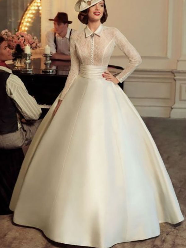 Retro Wedding Dresses Halter Long Sleeves Satin Fabric Long Lace Traditional Dresses For Bride