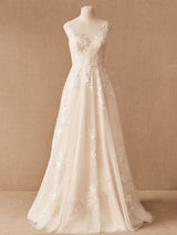 Retro Wedding Dresses Jewel Neck Sleeveless Raised Waist Satin Fabric With Train Applique Bridal Dress