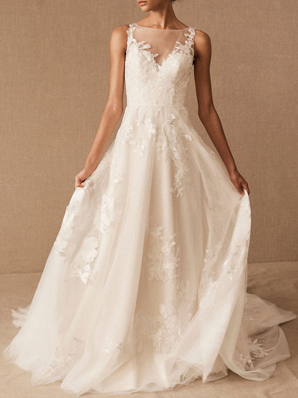 Retro Wedding Dresses Jewel Neck Sleeveless Raised Waist Satin Fabric With Train Applique Bridal Dress