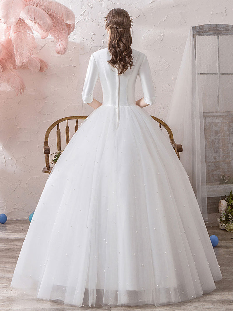 Retro Wedding Dresses Princess High Collar Half Sleeve Long Tulle Traditional Bridal Gowns
