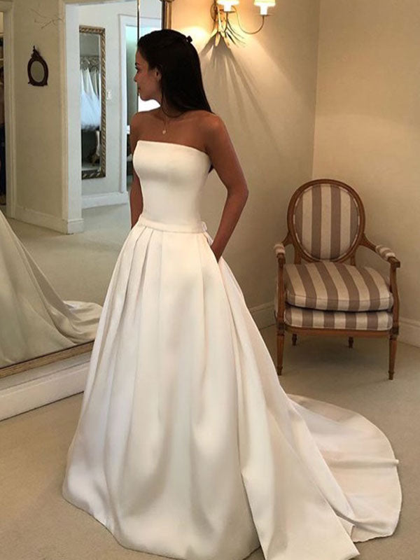 Retro Wedding Dresses Satin Strapless A-line Long Elegant Bridal Gown With Train