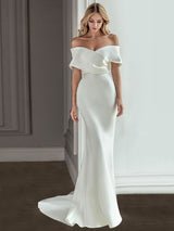Retro White Wedding Dress With Train Satin Off The Shoulder Pleated Mermaid Bridal Gowns