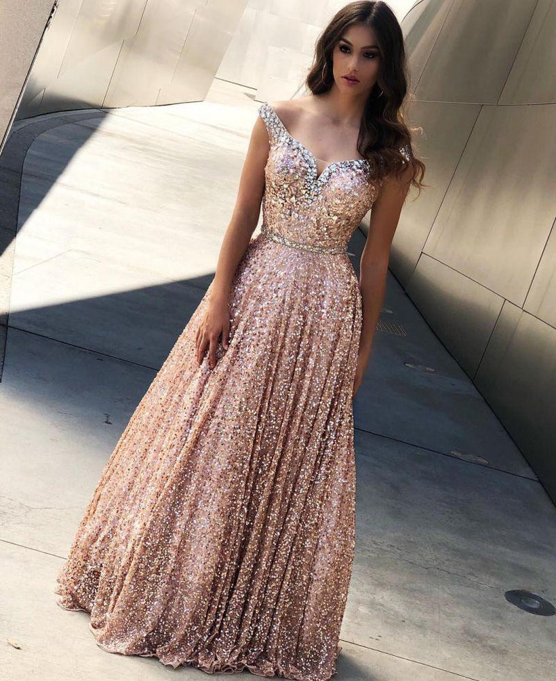 Rose Gold Sequins Evening Dresses Off-the-Shoulder Chic Formal Dresses