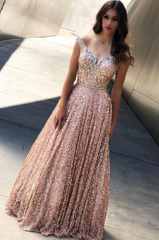 Rose Gold Sequins Evening Dresses Off-the-Shoulder Chic Formal Dresses