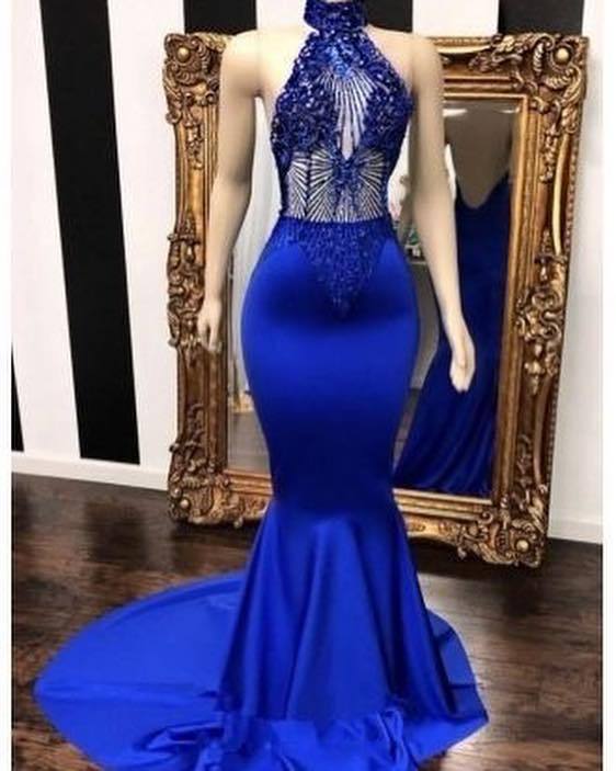 Royal Blue Halter Sleeveless Lace Beading Mermaid Long Prom Dresses