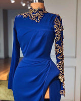 Royal Blue High-Neck Split Mermaid Prom Dresses Chic Long Sleeves Appliques Evening Gowns