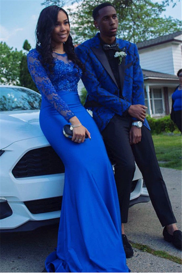 Royal Blue Jacquard New Arrival Boy Prom Suits with Black Lapel