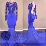 Royal-Blue Long Sleeves Backless Mermaid Charming Sheer Prom Dresses