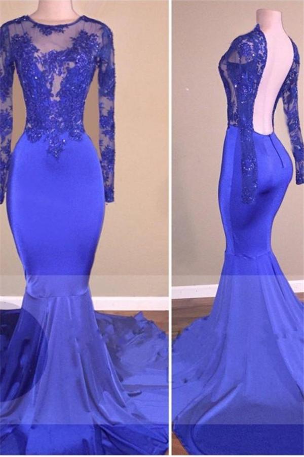 Royal-Blue Long Sleeves Backless Mermaid Charming Sheer Prom Dresses