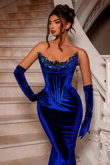Royal Blue Long Velvet Beading Sleeveless Mermaid Evening Party Gowns