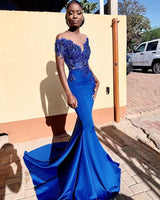 Royal Blue Off-the-shoulder Mermaid Prom Dresses with Lace Appliques and Chapel Train