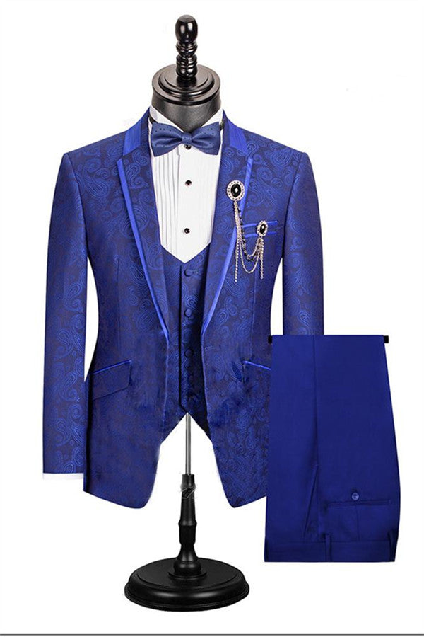 Royal Blue Paisley Pattern Dinner Prom Suits 3 Pieces Single Button For Men Gorgeous Jacket Outfit