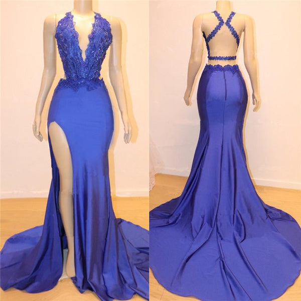 Royal Blue V-Neck Open back Split Mermaid Beads Lace Prom Dresses