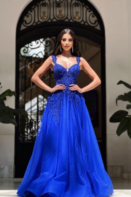 Royal Long Blue Sleeveless Evening Prom Dresseses A-line Lace Evening Gown