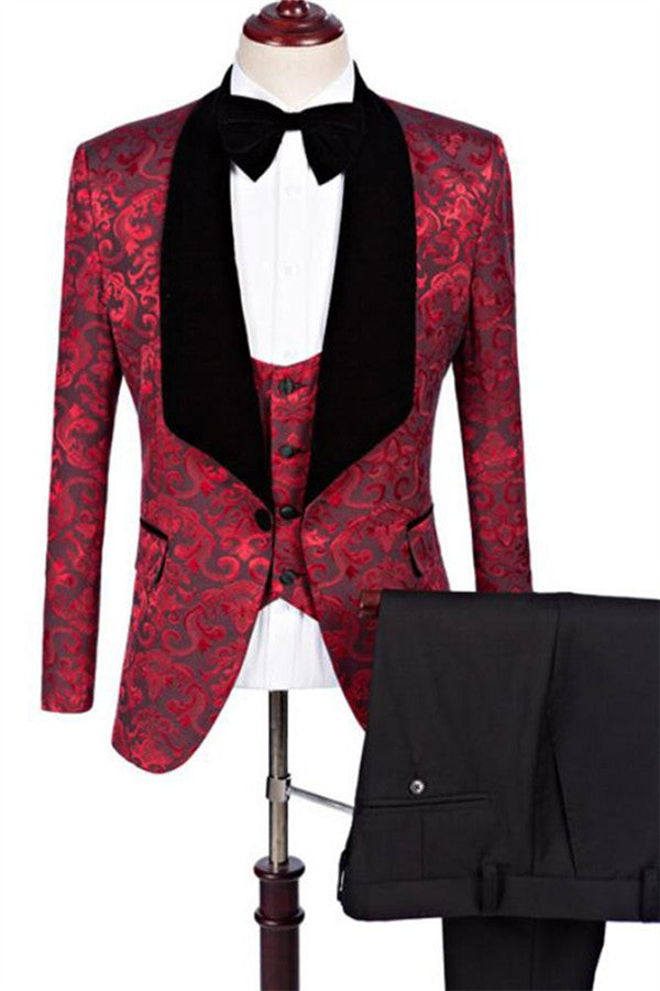 Ruby Flower Slim Fit Pattern Prom Suits New Arrival Three Pieces Jacquard Men Suits