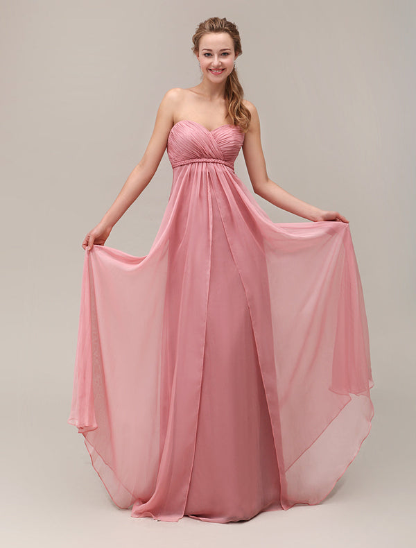 Salmon Sweetheart Pleated Floor Length Chiffon Bridesmaid Dress