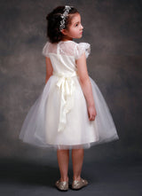 Satin Flower Girl'S Dress Ball Gown Illusion Neck Short Sleeves Girl'S Princess Formal Dress
