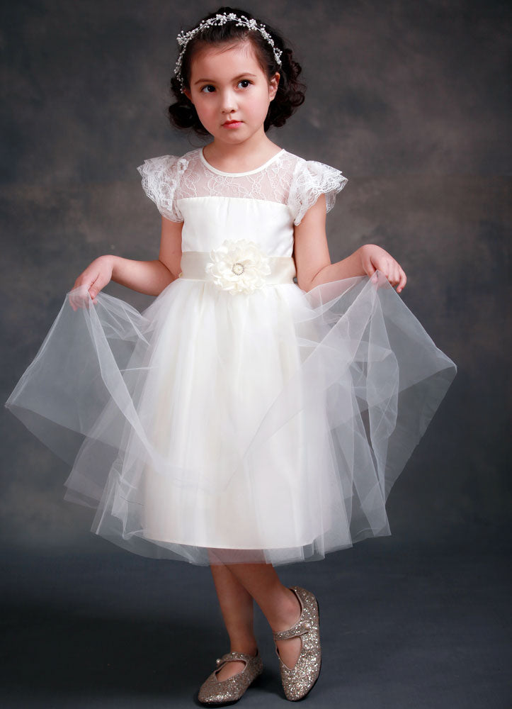 Satin Flower Girl'S Dress Ball Gown Illusion Neck Short Sleeves Girl'S Princess Formal Dress