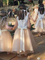 Satin Jewel Neck Sleeveless Flowers Ankle Length Sash Kids Party Dresses