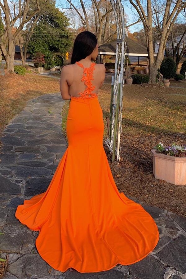See Through Sleeveless Front Slit Brush Train Appliques Mermaid Prom Gowns