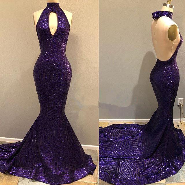 Sequins Halter Grape Party Dresses Backless Long Evening Gowns