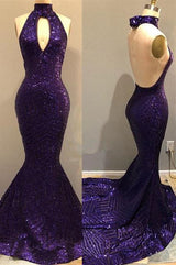 Sequins Halter Grape Party Dresses Backless Long Evening Gowns
