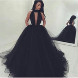 Sexy Ball Gown Black Prom Dress Long Tulle Sexy Deep V-Neck
