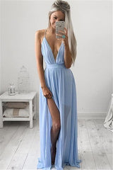 Sexy Deep V-Neck Chic Evening Party Gowns Spaghetti-Strapss baby Blue Prom Dresses